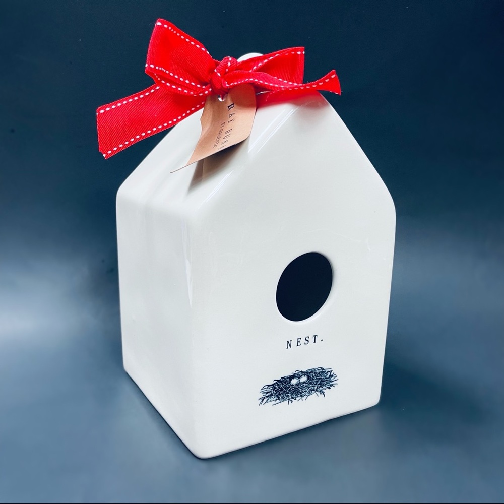 NWT Rae Dunn Rare Stamped Nest HTF Ceramic White Birdhouse Style 150 Red Ribbon